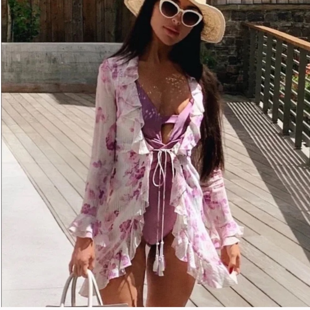Rococo Sand Lilac Floral Mini Cover-up Dress in Metallic Ruffles Purple Small